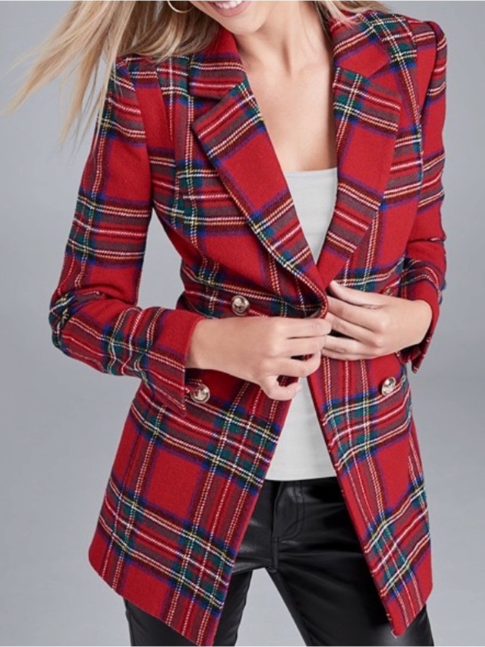 VENUS Red Plaid Double-Breasted Blazer with Gold Buttons